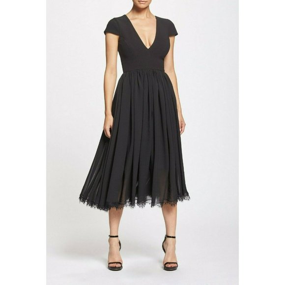 Dress the Population Dresses & Skirts - Dress the Population Black Crepe Lace Trim Corey Midi Dress